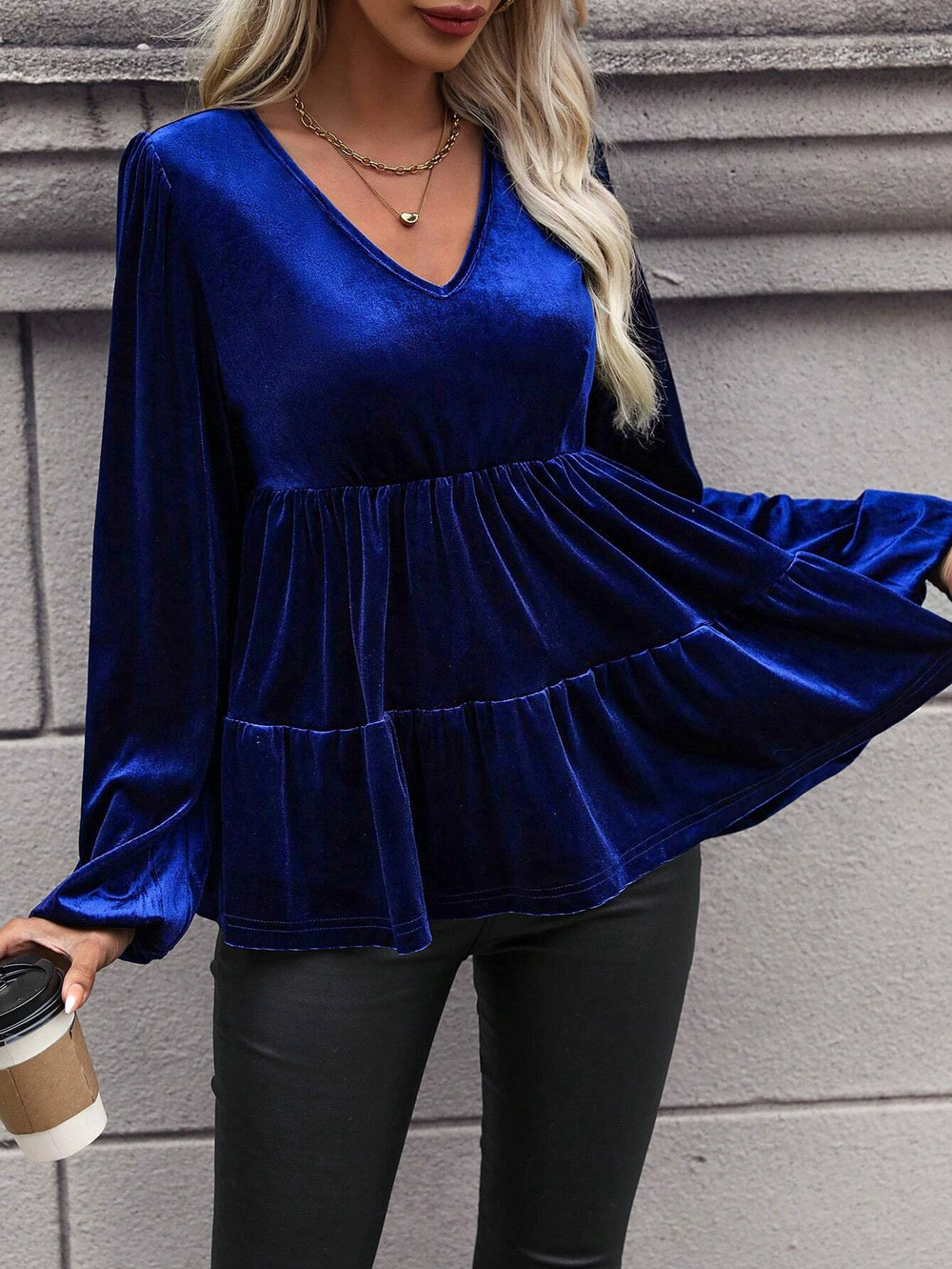 ZARA 's Fall Winter Velvet Collar Long Puff Sleeve Ruffle Hem Loose Slim Top